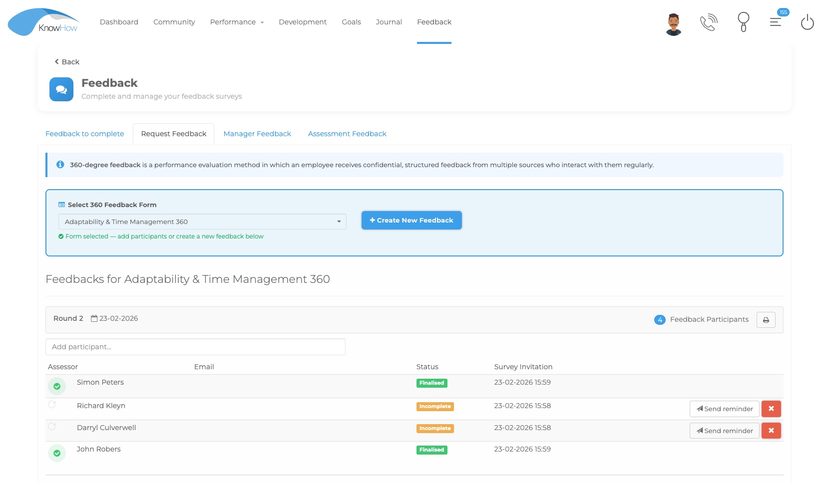 KnowHow feedback and 360 feedback screen